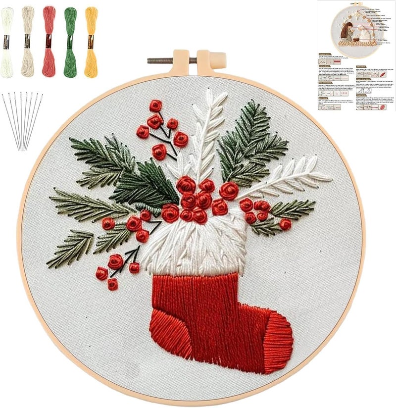 YOUDRN Christmas Embroidery Kits, Embroidery Kits for Adults,Christmas Embroidery Kit for Beginners with Pattern,Cotton Threads,Needles,Instruction,20cm Hoo,for Decor Home Room (Stockings) - Image 1